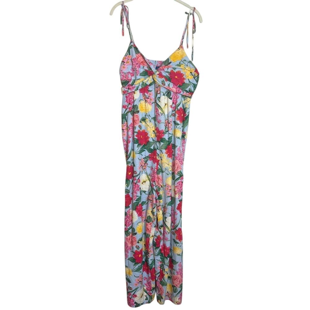 Old Navy Babydoll Jumpsuit Smocked Back Linen Blend Size Medium Blue Floral